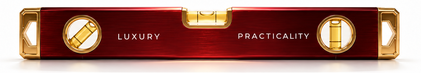 Codename BALANCE, the perfect balance of luxury and practicality: a crimson and gold spirit level engraved with both words
